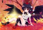  :p akino_ochiba autumn_leaves black_hair black_wings blush feathers hat looking_at_viewer open_mouth red_eyes shameimaru_aya shoes single_shoe smile solo thighs tokin_hat tongue tongue_out touhou wings 