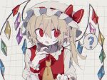  1girl ? ascot blonde_hair bow crystal fang flandre_scarlet frilled_hat frills gil_(gil_261) grid_background hair_between_eyes hat hat_bow hat_ribbon looking_to_the_side mob_cap nail_polish one_side_up open_mouth pointy_ears puffy_short_sleeves puffy_sleeves red_bow red_eyes red_nails red_ribbon red_vest ribbon shirt short_sleeves simple_background solo spoken_question_mark touhou upper_body vest white_hat white_shirt wings wrist_cuffs yellow_ascot 