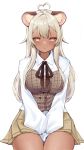  1girl ahoge animal_ears bear_ears bear_girl between_legs blonde_hair breasts bustier character_request collared_shirt commission copyright_request dark-skinned_female dark_skin hand_between_legs heart heart_ahoge highres large_breasts long_hair plaid pleated_skirt shirt skirt sleeves_past_fingers sleeves_past_wrists solo white_shirt yellow_eyes yellow_skirt yoshiii 