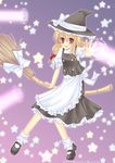  apron artist_request blonde_hair bow braid broom broom_riding buttons hair_ribbon hat hat_ribbon hexagram kirisame_marisa magic_circle mary_janes open_mouth ribbon shoes side_braid skirt skirt_set smile socks solo star touhou witch_hat yellow_eyes 