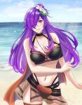  1girl bikini black_bikini black_choker choker commentary_request fire_emblem fire_emblem:_three_houses fire_emblem_heroes fire_emblem_warriors:_three_hopes flower hair_flower hair_ornament hair_over_one_eye highres kousetu0506 official_alternate_costume purple_hair shez_(female)_(fire_emblem) shez_(female)_(summer)_(fire_emblem) shez_(fire_emblem) smile solo swimsuit water white_flower 