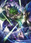  2boys aura battle blank_eyes blue_hair boots broly_(dragon_ball_super) clenched_hand cross_scar dragon_ball dragon_ball_super glowing gogeta green_hair hashagu highres legendary_super_saiyan male_focus metamoran_vest multiple_boys muscular muscular_male pants purple_pants sash scar scar_on_chest sleeveless spiked_hair super_saiyan super_saiyan_blue topless_male veins waist_cape wristband 