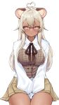  1girl ahoge animal_ears bear_ears bear_girl between_legs blonde_hair breasts bustier character_request collared_shirt commission copyright_request dark-skinned_female dark_skin glasses hand_between_legs heart heart_ahoge highres large_breasts long_hair plaid pleated_skirt shirt skirt sleeves_past_fingers sleeves_past_wrists solo white_shirt yellow_eyes yellow_skirt yoshiii 