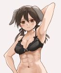  1girl arm_up armpits black_bra bra breasts brown_eyes brown_hair embarrassed gertrud_barkhorn highres lingerie looking_at_viewer murayama_kei sketch solo stomach strike_witches underwear world_witches_series 
