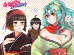  1boy 2girls anger_vein black_hair black_kimono breasts brown_cloak cleavage cloak flat_chest green_hair green_kimono grin hair_ornament hairband hairclip hand_on_own_chest hand_up highres japanese_clothes kanikuri6 kimono kimono_pull large_breasts lips looking_at_another mio_(tsuki_ga_michibiku_isekai_douchuu) misumi_makoto_(tsuki_ga_michibiku_isekai_douchuu) multiple_girls musical_note obi open_mouth polka_dot polka_dot_background sash signature smile spoken_musical_note spoken_sweatdrop sweatdrop teeth tomoe_(tsuki_ga_michibiku_isekai_douchuu) tsuki_ga_michibiku_isekai_douchuu wide_sleeves yellow_eyes 