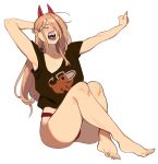  1girl absurdres arm_behind_head armpits arms_up bare_legs barefoot black_shirt chainsaw_man closed_eyes demon_horns fingernails highres horns long_hair no_pants orange_hair panties porqueloin power_(chainsaw_man) print_shirt red_horns red_panties sharp_fingernails sharp_teeth sharp_toenails shirt simple_background solo tank_top teardrop teeth toenails tongue tongue_out underwear white_background yawning 