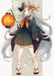  1girl absurdres animal_ears black_kimono black_sailor_collar black_serafuku blush closed_mouth floral_print fox_girl fox_mask fox_tail full_body geta grey_hair grey_tail hair_ribbon highres holding holding_lantern japanese_clothes kimono lantern long_hair long_sleeves looking_at_viewer mask neckerchief off_shoulder open_clothes open_kimono orange_eyes orange_ribbon original paper_lantern red_neckerchief ribbon sailor_collar sanshichi_fu school_uniform seigaiha serafuku socks solo tail very_long_hair wave_print white_socks wide_sleeves 