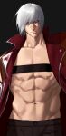  1boy belt_bra bishounen black_background blue_eyes closed_mouth coat dante_(devil_may_cry) devil_may_cry_(series) devil_may_cry_3 emo37337640 highres jacket looking_at_viewer male_focus muscular muscular_male navel open_clothes open_coat red_coat short_hair simple_background smile solo white_hair 