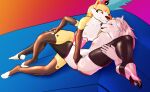 anthro between_legs breasts canid canine canis claws duo female female/female fingering fox greisoul hand_on_hip helluva_boss hi_res holding_leg looking_pleasured loona_(helluva_boss) mammal nipples pawpads queen_bee-lzebub_(helluva_boss) spread_legs spreading toe_claws vaginal vaginal_fingering wolf