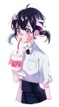  1girl 23_(user_oxt3659) ahoge bandages bandaid bandaid_on_cheek bandaid_on_face black_hair black_skirt blush collared_shirt cup disposable_cup drink drinking drinking_straw highres holding holding_cup holding_drink original pink_eyes pocket shirt shirt_tucked_in short_hair short_sleeves short_twintails simple_background skirt solo twintails white_background white_shirt 