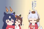  3girls :3 ? animal_ears black_hair blue_ribbon bow bowl brown_background brown_hair brown_hat chibi closed_mouth ear_bow ear_covers food gold_ship_(umamusume) gomashio_(goma_feet) gradient_background grey_background grey_hair hair_ribbon hat holding holding_bowl horse_ears horse_girl horse_tail jacket jitome lightning_bolt_symbol long_hair long_sleeves mini_hat multicolored_hair multiple_girls purple_bow purple_eyes red_jacket ribbon sleeves_past_wrists tail track_jacket translation_request twintails two-tone_hair umamusume v-shaped_eyebrows verxina_(umamusume) very_long_hair vivlos_(umamusume) white_hair 