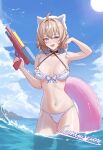  1girl :d ahoge bare_arms bare_shoulders bikini black_choker blonde_hair blue_eyes blue_sky chinoa choker cloud commentary commission day hair_intakes halterneck highres holding holding_water_gun honkai:_star_rail honkai_(series) innertube looking_at_viewer lynx_landau navel open_mouth short_hair skeb_commission sky smile solo standing stomach swim_ring swimsuit thighs wading water water_gun white_bikini white_hat 