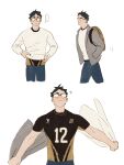  ... 1boy akaashi_keiji backpack bag black_hair black_shirt blue_pants brown_bag chengongzi123 closed_mouth collared_jacket commentary cropped_legs facing_viewer glasses grey_jacket haikyuu!! hands_in_pockets hands_up highres holding holding_clothes jacket long_sleeves male_focus multiple_views pants shirt short_hair short_sleeves simple_background sparkle spoken_ellipsis sportswear standing symbol-only_commentary t-shirt upper_body very_short_hair volleyball_uniform walking white_background white_shirt 