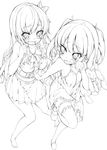  2girls absurdres barefoot boku_wa_tomodachi_ga_sukunai breasts bug butterfly butterfly_hair_ornament dress drooling garters greyscale hair_ornament halterneck hasegawa_kobato highres ichijou_hitoshi insect kashiwazaki_sena large_breasts lineart long_hair monochrome multiple_girls open_mouth saliva skirt stuffed_animal stuffed_bunny stuffed_toy tears thighhighs two_side_up wavy_mouth 