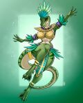 accessory anthro armband breasts claws dinosaur dromaeosaurid feathers female furgonomics hi_res icebounde legband looking_at_viewer markings reptile scalie simple_background solo striped_markings stripes tail tail_accessory tailband theropod velociraptor