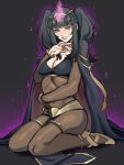  1girl absurdres aura black_background black_bra black_cape black_eyes black_hair black_loincloth black_nails blunt_bangs bodystocking bra cape circlet fire_emblem fire_emblem_awakening hand_up high_heels highres looking_at_viewer magic on_ground pelvic_curtain porqueloin seiza simple_background sitting smile solo tharja_(fire_emblem) twintails underwear 