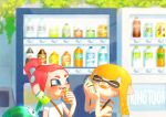  2girls :d absurdres artist_name blonde_hair blue_eyes blunt_bangs blush can can_to_cheek closed_eyes commentary_request drink_can fangs happy high_ponytail highres holding holding_can inkling inkling_girl inkling_player_character jellyfish_(splatoon) long_hair looking_at_another multiple_girls octoling octoling_girl octoling_player_character open_mouth outdoors pointy_ears ponytail red_hair ringtoon_e shirt shoulder_strap smile splatoon_(series) striped_clothes striped_shirt suction_cups sweat tentacle_hair upper_body vending_machine white_shirt 