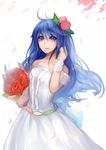  alternate_costume arm_up bad_id bad_pixiv_id bare_shoulders belt blue_hair bouquet bride dress flower food fruit hair_ornament hand_in_hair highres hinanawi_tenshi jewelry long_hair no_hat no_headwear peach petals ramble12 red_eyes red_flower red_rose ribbon ring rose solo touhou wedding_dress wrist_ribbon 