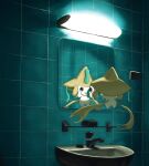  colored_skin commentary_request facial_mark floating gyura highres indoors jirachi light looking_at_mirror mirror no_humans open_mouth pokemon pokemon_(creature) reflection sink tanzaku white_skin 