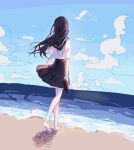  1girl 23_(user_oxt3659) barefoot beach black_hair black_sailor_collar black_skirt blue_sky cloud day facing_away floating_hair from_behind highres holding holding_shoes long_hair ocean original outdoors pleated_skirt sailor_collar sand school_uniform serafuku shirt shoes short_sleeves sketch skirt sky solo standing unworn_shoes water white_shirt 