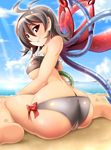  ass asymmetrical_wings bikini blue_wings breasts cloud day from_behind highres houjuu_nue medium_breasts red_eyes red_wings seaside sitting solo sweat swimsuit touhou tsukita underboob wariza wings 