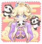  1girl artist_name blonde_hair blue_eyes braid braided_ponytail changpao chinese_clothes earrings hair_ornament hairpin high_ponytail highres jewelry konata_w1225 kung_fu_peach long_hair looking_at_viewer mario_(series) official_alternate_costume official_alternate_hairstyle panda princess_peach princess_peach:_showtime! purple_nails purple_shirt shirt solo sphere_earrings upper_body watermark 