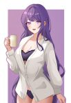  1girl :d blush bra breasts bu_weizhuang cleavage commentary_request cowboy_shot cup genshin_impact highres holding holding_cup large_breasts long_hair long_sleeves looking_at_viewer mug open_mouth panties purple_bra purple_eyes purple_hair purple_panties raiden_shogun shirt smile solo standing underwear very_long_hair white_shirt 