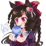  1girl animal_ears black_hair blue_hair braid character_doll closed_mouth commentary_request daiichi_ruby_(umamusume) drill_hair flower gothic_lolita hair_between_eyes hair_flower hair_ornament highres holding horse_ears horse_girl k.s.miracle_(umamusume) lolita_fashion long_hair portrait red_eyes ribbon simple_background solo umamusume warabimochi_roona white_background 