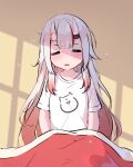  1girl artist_name blanket closed_eyes commentary english_commentary fian_f.n highres hololive horns long_hair multicolored_hair nakiri_ayame open_mouth shadow shirt sleepy solo streaked_hair t-shirt virtual_youtuber white_hair white_shirt yellow_background 