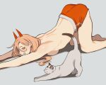  1girl all_fours bare_legs breast_press cat cat_stretch chainsaw_man grin gym_shorts highres horns meowy_(chainsaw_man) orange_eyes orange_hair porqueloin power_(chainsaw_man) red_horns red_shorts shorts sideways_glance smile solo stretching top-down_bottom-up topless white_cat 