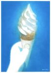  1other 2024 blue_background border dated food food_focus hgreeee holding holding_food ice_cream ice_cream_cone no_humans original out_of_frame pov pov_hands signature simple_background soft_serve still_life traditional_media white_border 