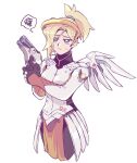  1girl black_gloves blonde_hair blue_eyes bodysuit breasts gloves gun halo handgun high_ponytail holding holding_gun holding_weapon knees_out_of_frame mechanical_halo mechanical_wings mercy_(overwatch) overwatch overwatch_(logo) ponytail rokkoron solo sweat weapon wings 