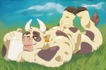  1boy :p animal_ears ass bara bottle come_hither cow_boy cow_ears cow_horns fang fang_out feet_up full_body furry furry_male grass horns looking_at_viewer lying male_focus milk_bottle minotaur muscular muscular_male on_stomach original short_hair solo taoren tongue tongue_out 