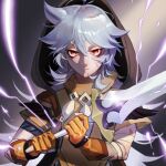  1boy ahoge bishounen electricity emo37337640 genshin_impact gloves grey_hair hair_between_eyes highres holding holding_sword holding_weapon hood hood_up long_hair looking_at_viewer male_focus orange_gloves razor_(genshin_impact) red_eyes scar scar_on_face simple_background solo sword upper_body weapon 