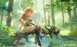  1girl armor blonde_hair boots braid breasts chinese_commentary cleavage commentary_request dress english_text forest full_body geye_guagua grass green_eyes headpiece highres jewelry large_breasts leaf long_hair looking_at_viewer nature original outdoors pauldrons pointy_ears shoulder_armor sitting smile solo tree very_long_hair water watermark weibo_username 