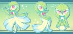  artist_name blush bob_cut colored_skin dress gardevoir green_hair highres looking_at_viewer multicolored_skin multiple_views open_mouth own_hands_together parted_lips pink_eyes pokemon pokemon_(creature) smile star_(symbol) two-tone_skin white_dress white_skin yatsunote 