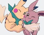  bandana bandana_around_neck brown_eyes closed_mouth eevee green_bandana grey_background looking_at_another no_humans one_eye_closed pikachu pokemon pokemon_(creature) pokemon_mystery_dungeon pokemon_mystery_dungeon:_rescue_team_dx rokkoron simple_background 