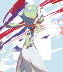  arm_up bob_cut chikichi colored_skin dress gardevoir green_hair hair_over_one_eye looking_to_the_side multicolored_background multicolored_skin open_mouth pink_eyes pokemon pokemon_(creature) two-tone_skin white_dress white_skin 