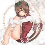  animal_ears bad_hands barefoot bottomless brown_eyes brown_hair cat_ears cat_tail chen earrings hat jewelry kurone leg_hug multiple_tails no_panties ribbon ring solo tail tail_ribbon thighhighs toe_ring touhou 