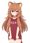  1girl animal_ear_fluff animal_ears blush brown_hair commentary furrowed_brow highres long_hair looking_to_the_side mikoscrub raccoon_ears raccoon_girl raccoon_tail raphtalia red_eyes red_shirt shirt shirt_tug simple_background solo standing tail tate_no_yuusha_no_nariagari thighs translated white_background 