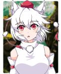  1girl animal_ears blurry blurry_background breasts commentary detached_sleeves hat highres inubashiri_momiji large_breasts medium_hair neferkitty pom_pom_(clothes) red_eyes ribbon-trimmed_sleeves ribbon_trim sleeveless sleeveless_turtleneck solo tokin_hat touhou turtleneck upper_body white_hair wolf_ears wolf_girl 