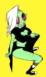 alien alien_humanoid bottomwear breasts cleavage cleavage_cutout clothed clothing cutout disney female fingers footwear freckles grin hair hand_on_leg hand_on_own_leg high-angle_view humanoid humanoid_pointy_ears long_hair looking_up lord_dominator midriff nipple_outline noseless not_furry shoes simple_background sitting smile socks solo teeth wander_over_yonder yellow_background zukicure5gogo