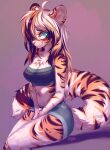 absurd_res anthro breasts calico_pattern clothing denim denim_clothing felid female hi_res kolae mammal medium_breasts pantherine sitting solo teal_eyes tiger topwear tube_top vala_(fzzr)