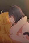  2girls animal_ears arm_around_neck black_hair blake_belladonna blonde_hair blush breasts cat_ears cat_girl cat_tail chinese_commentary closed_eyes commentary_request highres kiss light_particles medium_breasts medium_hair multiple_girls nude risai rwby tail upper_body yang_xiao_long yuri 