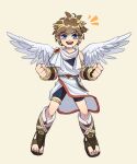 5_fingers 5_toes angel azcbcd blue_eyes brown_hair clothing feathered_wings feathers feet fingers hair hi_res humanoid kid_icarus light_body light_skin looking_at_viewer male nintendo not_furry open_mouth open_smile pit_(kid_icarus) simple_background smile solo toes winged_humanoid wings