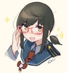  1girl :d adjusting_eyewear bespectacled blue_sailor_collar blush brown_hair collared_shirt cosplay detached_hair fubuki_(kancolle) glasses green_eyes hair_between_eyes hand_up highres kantai_collection long_sleeves looking_at_viewer low_ponytail ma_rukan medium_hair necktie ooyodo_(kancolle) ooyodo_(kancolle)_(cosplay) open_mouth portrait red-framed_eyewear red_necktie sailor_collar semi-rimless_eyewear shirt sidelocks signature simple_background smile solo sparkle under-rim_eyewear white_shirt wing_collar yellow_background 