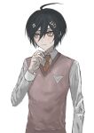  1boy ahoge akamatsu_kaede akamatsu_kaede_(cosplay) black_hair brown_necktie closed_mouth collared_shirt cosplay crossdressing danganronpa_(series) danganronpa_v3:_killing_harmony frown fu_ga_(vivi912912) grey_shirt hair_ornament hand_up highres musical_note musical_note_hair_ornament necktie pink_sweater_vest saihara_shuichi shirt short_hair sideways_glance simple_background sweatdrop sweater_vest white_background 