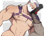  2boys bara beard border chest_hair drayden_(pokemon) facial_hair geckobara grey_background hand_on_another&#039;s_foot highres looking_at_viewer male_focus multiple_boys muscular muscular_male navel nipples out_of_frame patreon_username pectorals pokemon pokemon_bw pubic_hair short_hair sideburns strap white_border white_hair yaoi 