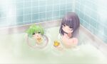  2girls absurdres afloat alternate_eye_color barefoot bathing bathtub black_hair blush closed_mouth commentary completely_nude expressionless feet_up from_above green_hair hair_down half-closed_eyes highres holding holding_toy indoors looking_at_viewer multiple_girls nankawa_rota nude partially_submerged purple_eyes rubber_duck shared_bathing smile steam symbol-only_commentary tile_wall tiles touhoku_kiritan toy voiceroid voicevox washbowl yellow_eyes zundamon 