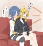  2girls alternate_costume blonde_hair blue_hair blush bocchi_the_rock! clueless couch hand_on_another&#039;s_crotch ijichi_nijika look4_osagashi multiple_girls on_couch red_eyes rubbing sitting sitting_on_person thighhighs yamada_ryo yuri 
